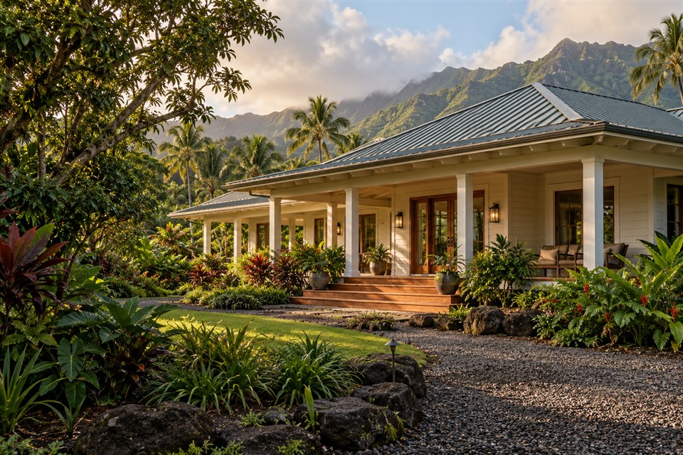 Illustrative plantation-style home with a deep covered lanai and traditional timber detailing